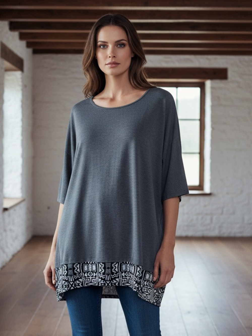 LuLaRoe Chic & Comfortable Oversized Gray Tunic with Black & White Printed Hem